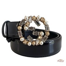 Auth Gucci Black Leather Bijoux Faux Pearl Interlocking G Buckle Belt 75/30