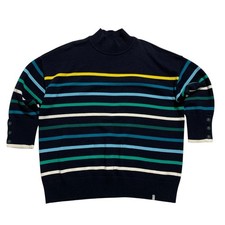 T By Talbots Fun Navy Multicolored Stripes Mock Neck Sweater Fun Buttons 2X