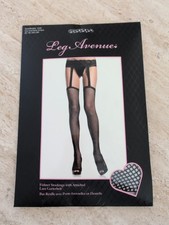 Black Fishnet Stockings With Attached Lace Garterbelt By Leg Avenue 1656 One...