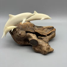 Vintage John Perry Dolphin Family Sculpture Figurine w Burl Wood Base 4 x 5"