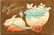 Easter Greetings Postcard Bunny Pulling Egg Cart Clarence MO 1909Cancel Airbrush
