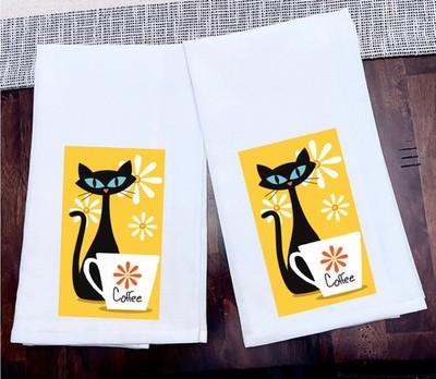 MCM Atomic Cat Coffee Kitchen Towels Tea Towels Ink on 100% Cotton Size 28x28