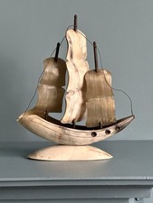 Vintage Horn Boat Folk art Carved Ship