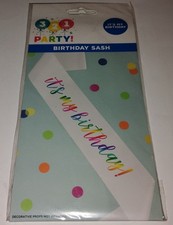 321 Party Birthday Sash "It's My Birthday " Rainbow Colored Letters White Sash