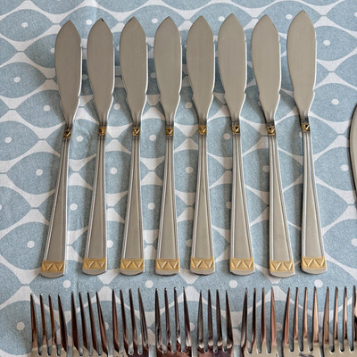 Bergmann Solingen Christel Vintage vergoldetes Besteck Fischmesser/Gabeln & Servierer