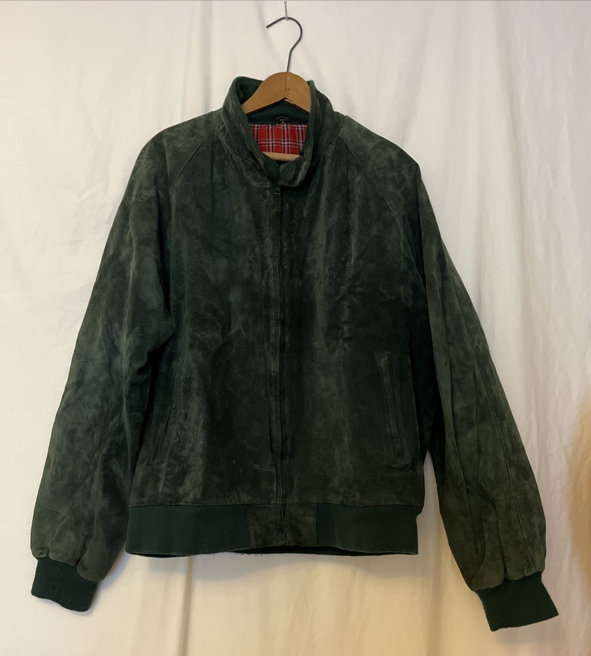 Vintage 90s Suede Leather Bomber Jacket 80s Men’s 44 U2 Wear Me Out Dark Green