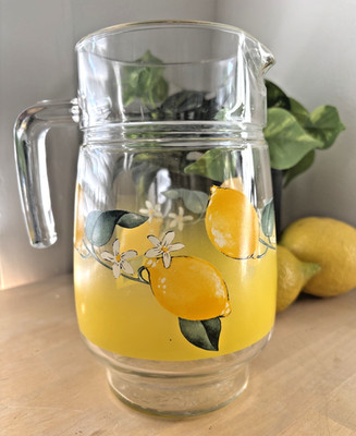 Vintage Luminarc Lemon Pitcher French Glass Citrus Lemons Lemonade Jug