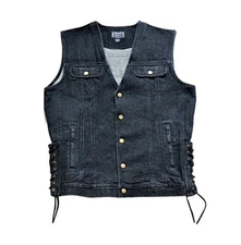 Unisex Dark or Light Denim Biker Vest Jacket Snap Up With Pockets & Lace Up Side