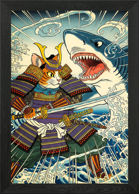 Samurai Katze Hai Ukiyo-e Stil Gerahmtes Wandbild Poster Leinwanddruck Bild