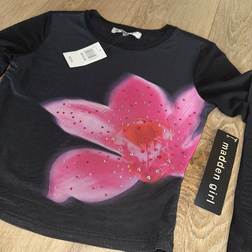 Madden Girl Junior’s Black Orchid LS Sheer Crop Shirt Bling Medium