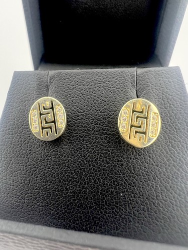 9ct Gold stud Earrings - Greek Key Small Cz Stud Earrings - UK Sale & Boxed - Picture 2 of 4