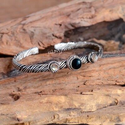 Bracelet Manchette Réglable En Argent Sterling 925 - Améthyste Et Onyx Noir - Fait Main En Inde