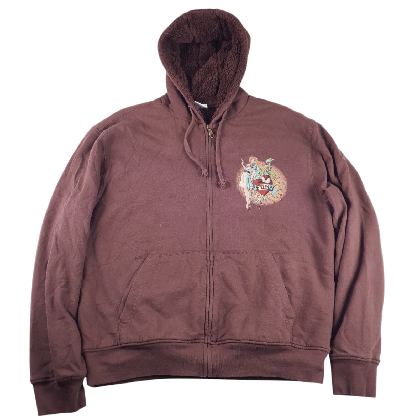 Vtg Y2k Circle Of Life Zip Up Hoodie Flash Tattoo Style Sherpa Lined Mens XL