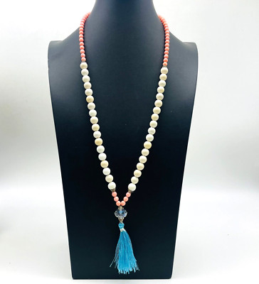 Stone Beaded Necklace Pink Cream Silver Tone Blue Thread Tassel Boho Festival
