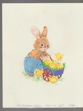 IT'S EASTER Cute Rabbit Pushing Cart of Chicks 7.5x9.5" Greeting Card Art #E2511