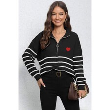 Striped Zip-Up Long Sleeve Ribbed Sweater