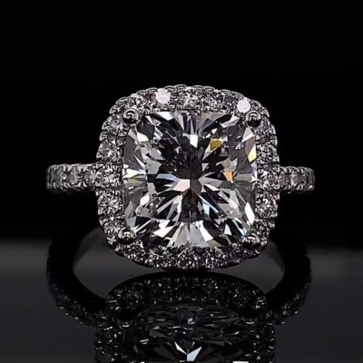 2.34 TCW Cushion Cut FL Moissanite Halo Engagement Ring In 14K White Gold Plated
