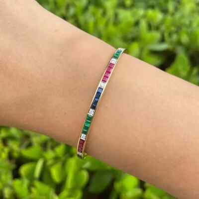 Lab Created Ruby & Emerald, Blue Sapphire Bangle Bracelet 14k Yellow Gold Plated
