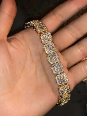 Men's Baguette Tennis Link Chain Bracelet 14K Yellow Gold FN Lab-Created Diamond