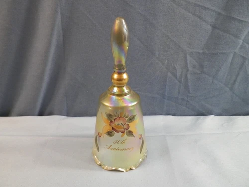 Fenton Gold Carnival Glass Hand Painted Bell - Pink Roses 50th Anniversary