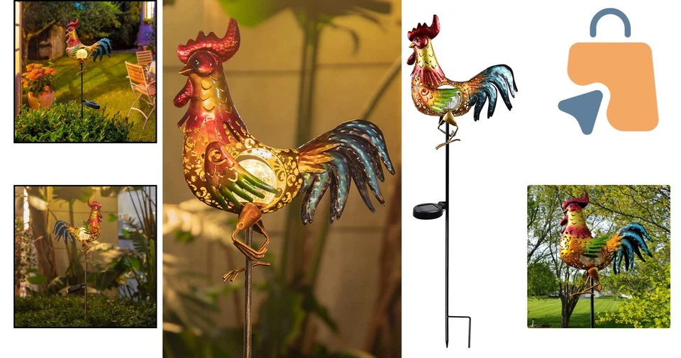 Elegantes luces solares de gallo - Decoración de jardín de metal colorido para amantes del pollo Foto 2 de 4