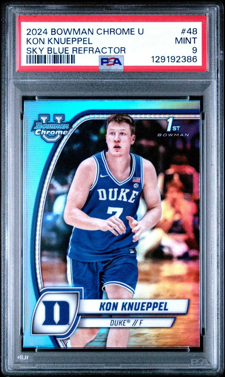 PSA 9 KON KNUEPPEL SKY BLUE REFRACTOR (1ST) RC 2024 BOWMAN CHROME UNIVERSITY #48