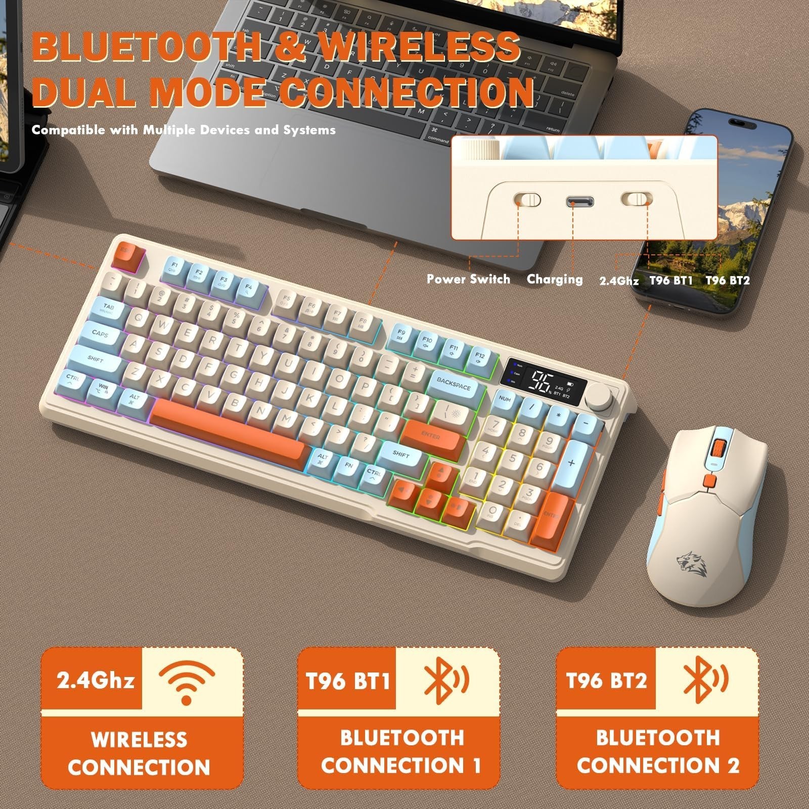 ZIYOU LANG T96 Wireless Gaming Keyboard and Mouse Combo,Dual Bluetooth/2.4G R...