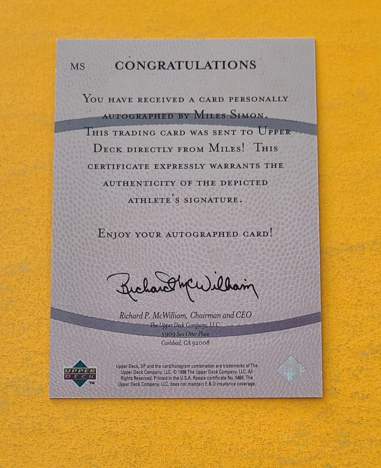 1998 SP Top Prospects #MS Miles Simon Vital Signs - Image 2 of 2