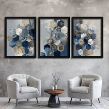 Blue and Gold Abstract Wall Art Set of 3 Geometric Hexagon Prints Living Room