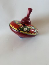 Vintage 1950s Tin Top Toy With Designs Wooden Handle Unbranded 7  Diameter Used