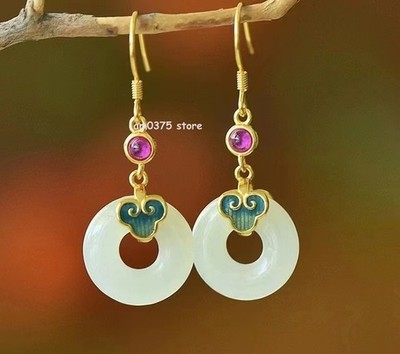 Vergoldete Echt 925 Sterling Silber Natürliche Hetian Jade Kreis Ohrringe Ohrhänger