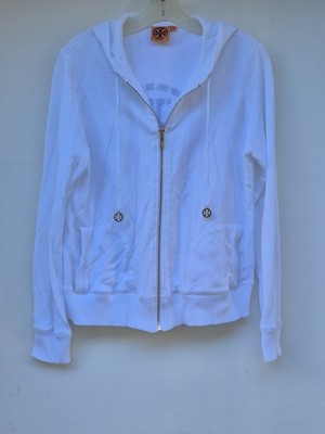 Tory Burch White Cotton Full Gold Zip Hoodie Women's Long Sleeve Sweatshirt M