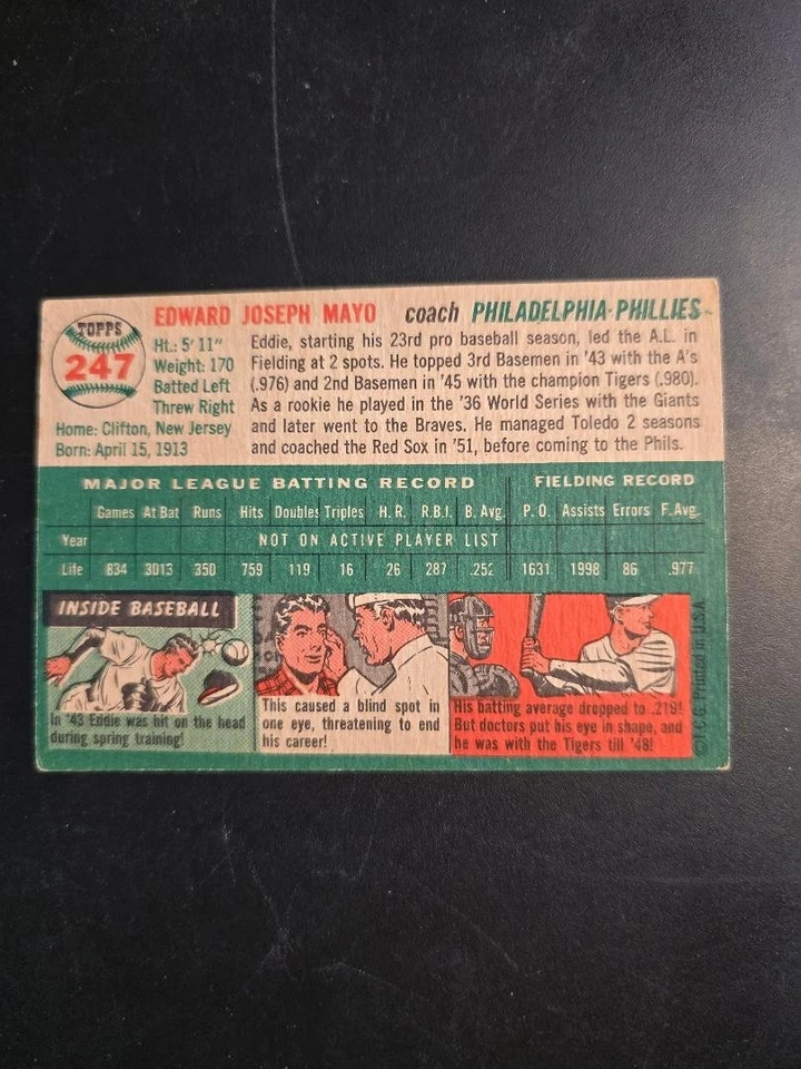 1954 Topps #247 Eddie Mayo VG- (Tape) Philadelphia Phillies Coach - Image 2 of 2