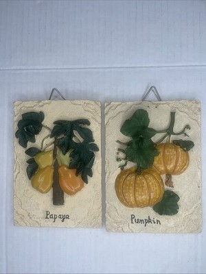 SET 3D Fruit Plaque Papaya Pumpkin Resin Wall Hanging Kitchen Picture Tile VTG