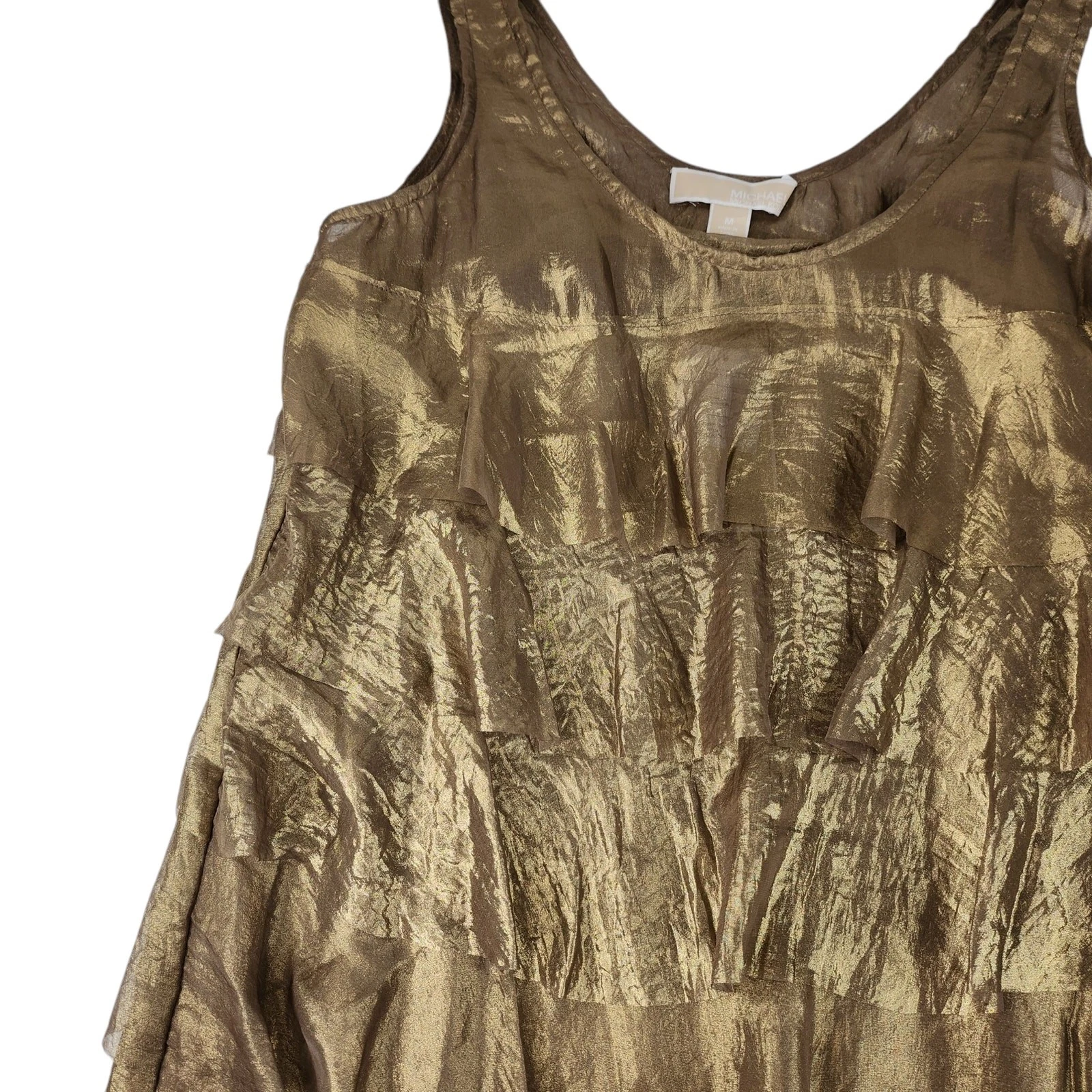 Mini abito medio Michael Kors nuovo con etichette oro metallizzato volant party cocktail bodycon