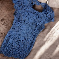Lulus Dress Women L Crochet Lace Navy Blue Open Back Bodycon Mini Cocktail Party