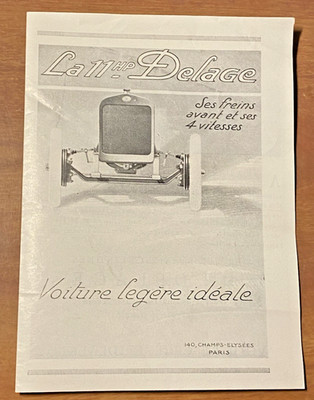 RARE: Advertising Brochure with Delage Rates 11 HP - circa 1920