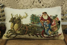 20" VTG Hand Stitched Needlepoint Pillow Santa Claus Delivering Gifts Wonderful 