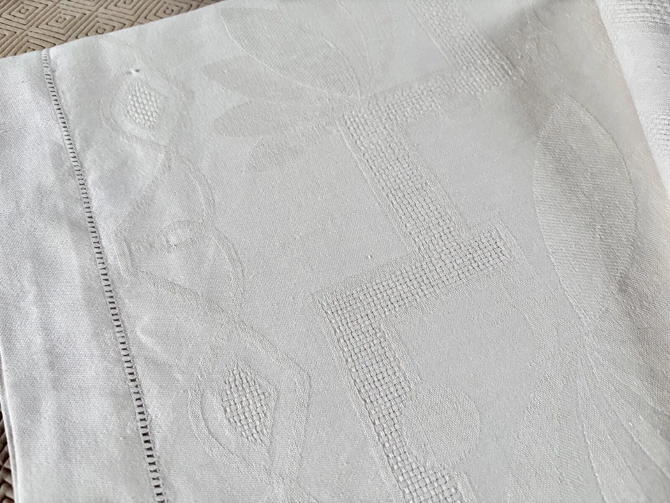 Linge ancien service NAPPE + 12 SERVIETTES Damassé blanc monogramme central JO - Photo 3/4