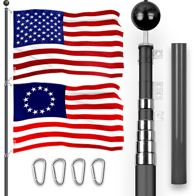 25 Ft Telescoping Flagpole Black & American and Betsy Ross Flags Emb 300D 3x5Ft
