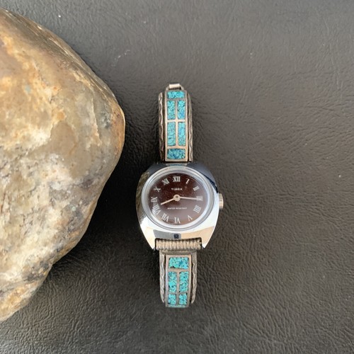 Blue Turquoise Chip Inlay Navajo Sterling Silver Old Pawn Watch Tips 1639 - Picture 2 of 12