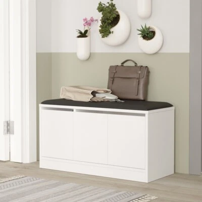 LBSIGN Panca Scarpiera Imbottita Da Ingresso 90 Cm Con Vani A 3 Ante More Bianca