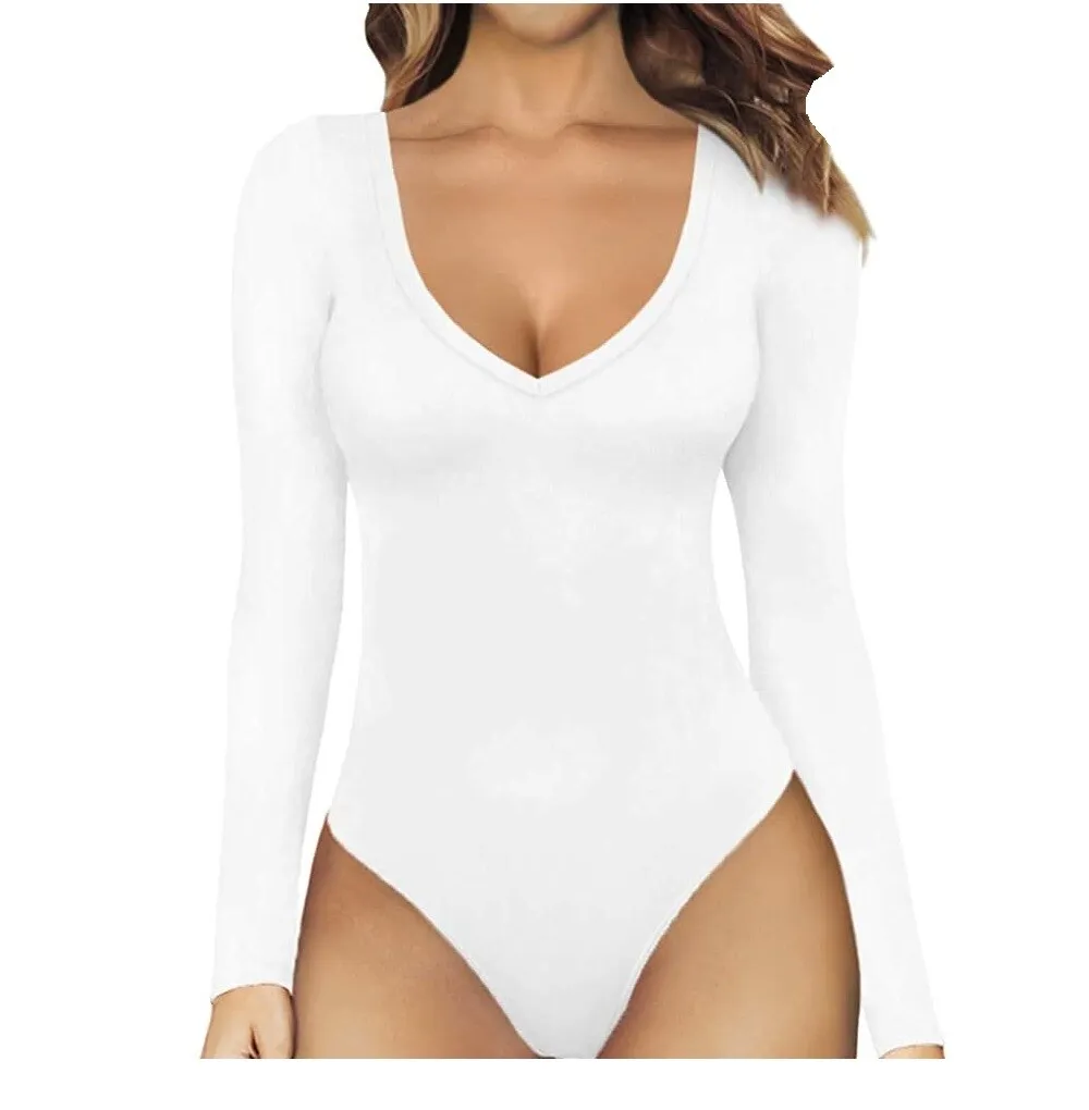 Mangopop Women's V Neck Long Sleeve Bodysuit Tops White Medium