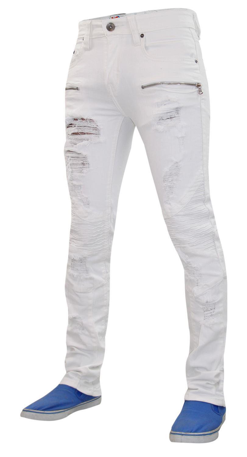 Mens Ripped Skinny Jeans Stretch Slim Fit Zip Fly Denim Cotton Pants