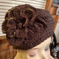 New Knitted headband Ear warmer adjustable Turq 2 buttons,Big Crocheted Flower