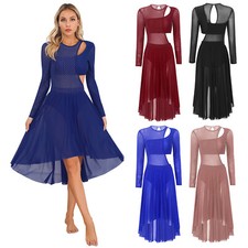 Womens Dancewear Asymmetrical Hem Dance Dress Shiny Costume Cutout Skirt Sheer