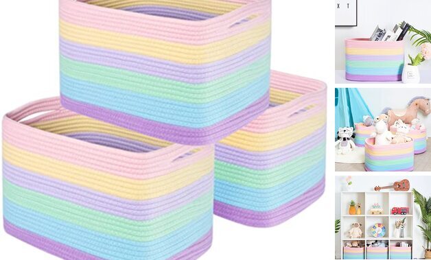 3-Pack Storage Baskets for Shelves, Playroom and Classroom Pastel Rainbow