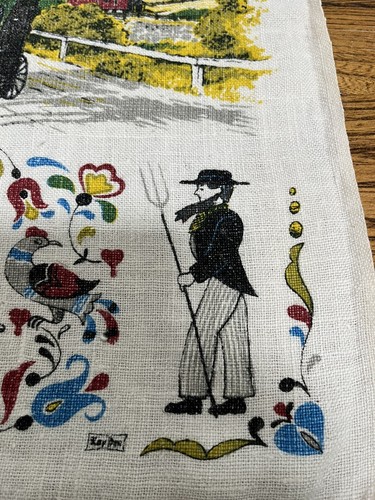 Vintage Leinen Geschirrtuch Pferd Buggy Dutch Country Amish mit Rutentasche 25x15 - Bild 3 von 8
