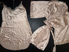 Victoria's Secret M SLIP M/L ROBE kimono SATIN GOLD beige lace pajamas PJ Lace