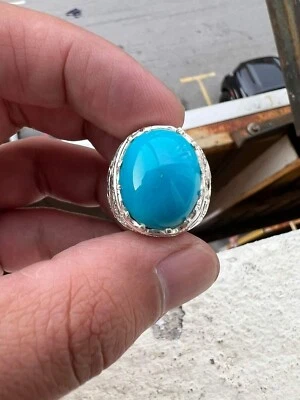 Bague en argent massif 925 pierre précieuse turquoise synthétique pour homme ... - Photo 1/4